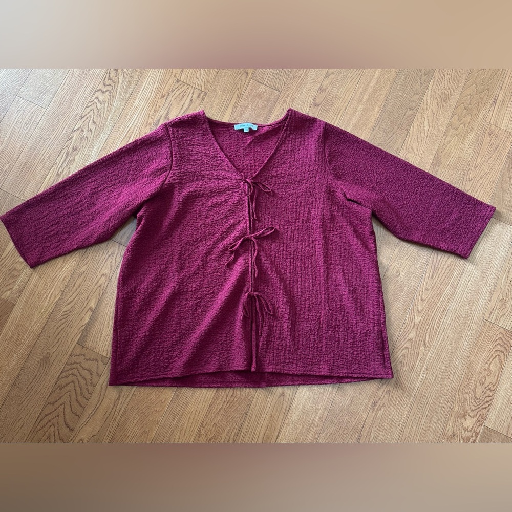 Rose & Olive Deep Red V-Neck Top with Bow Accents